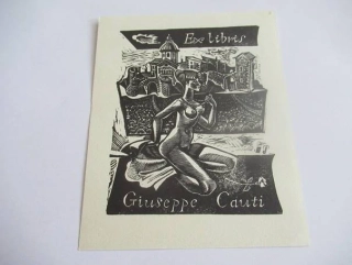 Erotické exlibris Giuseppe Cauti – Akt a veduta | Michel Jamar (Francie), originální dřevoryt, 12,5x10,5 cm