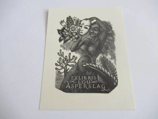 Exlibris Lou Asperslagh – Žena s maskou | Pam G. Rueter, originální dřevoryt 1955, 9,5x7,5 cm
