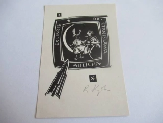 Vesmírné exlibris Dr. S. Aulicha – Twardowski | R. Krzywka, signovaný dřevoryt, rozměr 8,5x6 cm