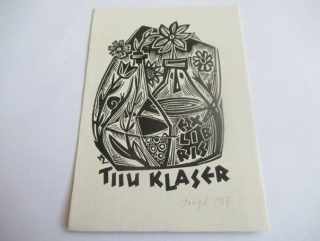 Originální Linoryt Exlibris Tiiu Klaser – Motiv Zátiší s květinami a šnekem – Silvi Väljal 1967 (10 x 7 cm)