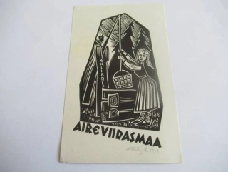 Originální Linoryt Exlibris Aire Viidasmaa – Motiv Dívka u studny a ptáček – Silvi Väljal 1969 (12 x 7,5 cm)