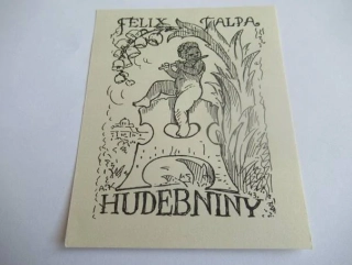 Originální Zinkografie Exlibris Felix Talpa Hudebniny – Motiv Putto s flétnou a konvalinky – Antonín Kubát 1943 (10,5 x 8,5 cm)