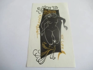Originální Dvoubarevný Linoryt Exlibris Klaus Rödel – Motiv Ženský akt, kočka a půlměsíc – Ladislav Rusek 1968 (15 x 9 cm)