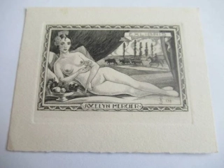 Originální Mědirytina Exlibris Jocelyn Mercier – Motiv Ležící ženský akt a krajina s dobytkem – J. F. Saez (10,5 x 8 cm)