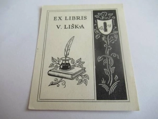 Originální Zinkografie Exlibris V. Liška – Motiv Kniha s kalamářem a erb – Ant. Hering (7,5 x 6 cm)