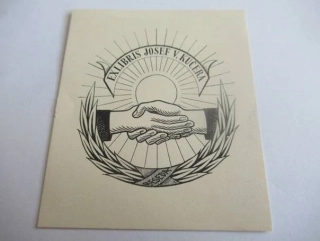 Originální Zinkografie Exlibris Josef V. Kučera Beseda – Motiv Stisk rukou pod sluncem a vavříny – Karel Kinský (7 x 6 cm)