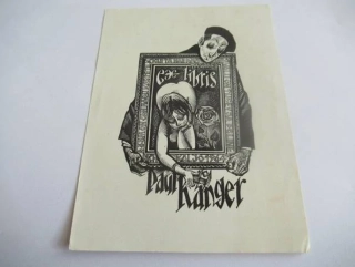 Originální Dřevoryt Exlibris Paul Ranger – Motiv Malíř, ženský akt v rámu a růže – Richard Kaljo 1964 (15 x 11 cm)