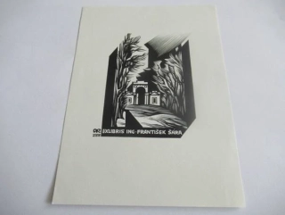 Exlibris Ing. František Šára, 1974, Anatoly Kalashnikov – X2 dřevoryt, 13,5 × 10 cm