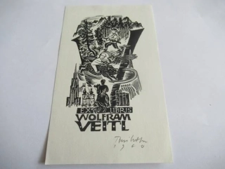 Exlibris Wolfram Veitl, 1960, Prof. Toni Hofer – X2 dřevoryt, 14,5 × 9 cm