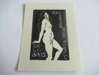 Exlibris Ženský akt – Juan Arturo Sedó Ragull, 1959, François D'Aquin – X2 dřevoryt, 11 × 8,5 cm