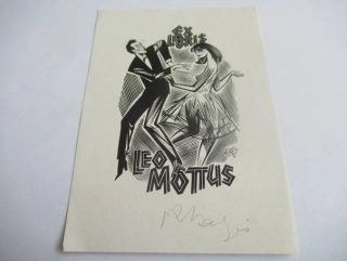 Exlibris Leo Mõttus – Richard Kaljo, 1967 – Autorský signovaný dřevoryt, Tanec, 11,5 × 8 cm