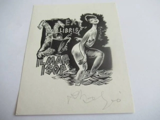 Exlibris Ilmar Isop – Richard Kaljo – Autorský signovaný dřevoryt, Ženský akt a čtenář, 10 × 8 cm