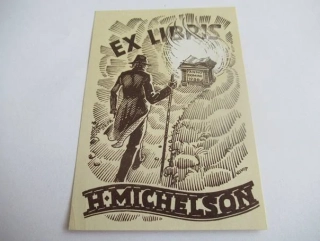 Exlibris Poutník – H. Michelson, 1936, Richard Kiwit – Zinkografie / knihtisk, 10 × 7 cm