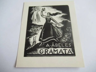 Exlibris Kniha A. Ābele (Žena se sluncem) – Kārlis Baumanis, 1956 – X2 dřevoryt, 10,5 × 8,5 cm