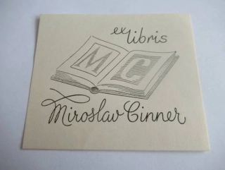 Exlibris Miroslav Cinner, 1941, O. Váša – Zinkografie / knihtisk, 8,5 × 7,5 cm