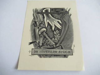 Profesionální originální Exlibris (Dřevoryt X2) Dr. Stanisław Aulich – Motiv In memoriam Valentin le Campion – Wojciech Barylski (14x10,5 cm)