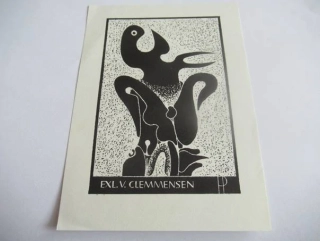 Profesionální originální Exlibris (Zinkoryt X5) V. Clemmensen – Motiv Abstraktní surrealistická kompozice – Henryk Płóciennik (13,5x10 cm)