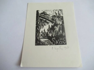 Profesionální originální Exlibris (Dřevoryt X2) HC Skov – Motiv Horská krajina s mostem a lesem – Prof. Pēteris Upītis (14x10,5 cm)