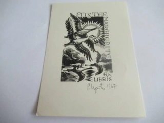 Profesionální originální Exlibris (Dřevoryt X2) Pfister Marguerite – Motiv Letící ptáci (husy / labutě) a slunce – Prof. Pēteris Upītis (12x8 cm)