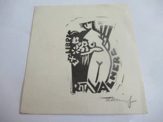 Exlibris – pro Ritu Valnere – Rudolfs Heimrats – (1964), linoryt, modernistický motiv s aktem ženy a květinami – 10 x 9,5 cm
