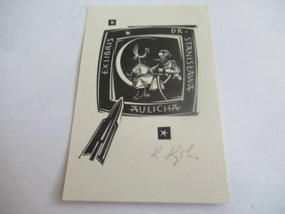 Exlibris – pro Dr. Stanisława Aulicha – Ryszard Krzywka – X2 (dřevoryt), vesmírný motiv s Panem Twardowským na Měsíci – 8,5 x 6 cm