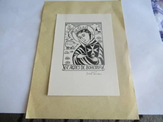 Exlibris – St. Agnes de Bohemia – Josef Florian – X3 (linoryt) se signaturou, motiv Svaté Anežky České – 14,5 x 10 cm