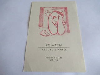 Exlibris – pro Samuela Stanka – Mikuláš Galanda – (reprint/novotisk), reliéfní tisk (zinkografie / lino), motiv ležící ženy (akt) – 14 x 9,5 cm