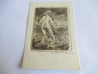 xlibris – pro J. L. Krejčího – Otakar Karel – C3 (lept) se signaturou, motiv ženského aktu na poli s kosou – 10,5 x 7 cm