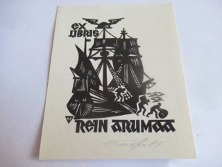 Exlibris – pro Reina Arumaa – Voldemar Tönisson – (reprint/novotisk 1967), X2 (dřevoryt) se signaturou, motiv historické lodi s námořníky – 9 x 7,5 cm