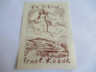 Exlibris – pro Františka Kozáka – Alois Moravec – (1940), X5 (zinkografie / zinkový lept), motiv s vznášejícím se ženským aktem nad krajinou – 10,5 x 7,5 cm