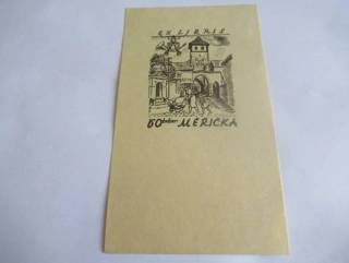 Exlibris – pro Otakara Měřičku – Alois Moravec – (1942), X5 (zinkografie / zinkový lept), městský motiv s bránou a kočárkem – 14,5 x 8,5 cm