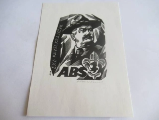 Exlibris – pro Pavla Krajíčka – Vojtěch Cinybulk – X3 (linoryt) se signaturou, skautský motiv s A. B. Svojsíkem – 12,5 x 9,5 cm
