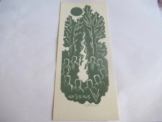 Exlibris – pro V. – Ladislav Rusek – X3 (linoryt) se signaturou, skautský motiv s táborovým ohněm v lese – 20 x 8,5 cm