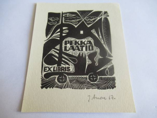 Exlibris – pro Pekka Laatika – Henno Arrak – (1967), X3 (linoryt) se signaturou, avantgardní motiv s koly a stožárem – 10,5 x 8,5 cm