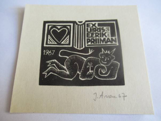 Exlibris – pro Eerika Priimana – Henno Arrak – (1967), X3 (linoryt) se signaturou, motiv ležícího čerta s květinou a srdcem – 8,5 x 7,5 cm