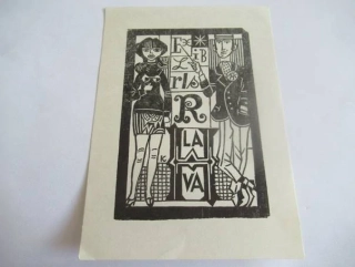 Exlibris – pro R. Lava – J. Kašpar – X3 (linoryt), motiv muže a ženy v secesně-moderním stylu – 14 x 10 cm
