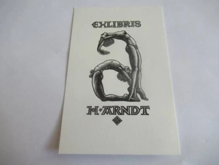 Exlibris – pro H. Arndta – G. Reuter – X2 (dřevoryt), erotický motiv s akrobatickým aktem muže a ženy – 11,5 x 7,5 cm