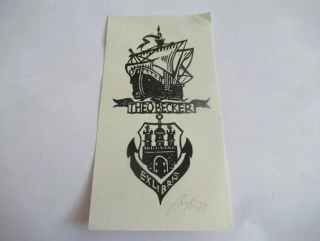 Exlibris – pro Theo Beckera – K.-H. Anger – (1978), X3 (linoryt) se signaturou, námořní motiv s hanzovní lodí a kotvou – 13 x 7 cm