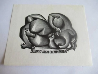 Exlibris – Vagn Clemmensen – Anatolij Ivanovič Kalašnikov (1972), originální dřevoryt (12 x 9,5 cm)