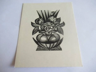 Exlibris – Zdenka Hradečná – Anatolij Ivanovič Kalašnikov (1971) – Motiv: Květinové zátiší v misce, originální dřevoryt (11,5 x 9,5 cm)