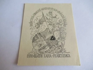 Exlibris – Veřejná obecní knihovna v Městě Žďáře – M. Fridrich (1947) – Motiv: Znak města s vinnou révou a vlajkou, originální zinkografie (9 x 7 cm)