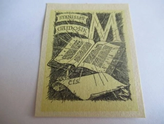 Exlibris – Stanislav Gajdošík – J. Váňa (1939) – Motiv: Zářící otevřená kniha s iniciálou M, originální zinkografie (6,5 x 5 cm)