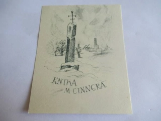 Exlibris – Kniha M. Cinnera – Jaroslav Vodrážka (1945) – Motiv: Boží muka v zimní krajině, originální litografie (10 x 7,5 cm)