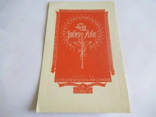 Novoročenka / Exlibris – Schutzengel-Apotheke Wien – Toni Hofer (1938) – Motiv: Zářící slunce s Aeskulapovou holí, originální linoryt (16 x 10 cm)