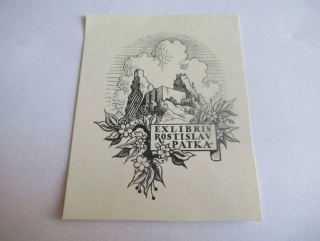Exlibris – Rostislav Patka – K. Kinský – Motiv: Zřícenina hradu Trosky s květinovým věncem, originální zinkografie (7 x 5,65 cm)