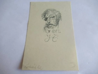 Exlibris – J. Č. – Jaroslav Vodrážka – Motiv: Portrét Jana Žižky z Trocnova, originální lito-tisk / zinkografie se signaturou (11,5 x 7,5 cm)