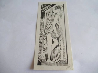 Exlibris – Aurelii Szymańskiej – Zbigniew Szymański – Motiv: Antická dívka s amforou, originální autorský zinkografický tisk se signaturou (15,5 x 7 cm)