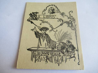 Exlibris – Dr. Jindř. Veselý – Jan Bauch (1933) – Motiv: Učenec s knihami a loutkou Kašpárka, originální zinkografie / zinkový štoček (8 x 6,5 cm)