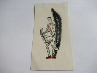 Exlibris – Ladislav Libor Loubal – Jiří Vláčil (1944) – Motiv: Karikaturní autoportrét sběratele s knihou, dvoubarevná kresba perem / zinkografie (11,5 x 6 cm)