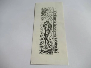 Exlibris – Leontyna Arabska – Kazimierz Nekanda-Trepka (cca 1960–1970) – Motiv: Expresivní kubizující akt stojící ženy, originální linoryt X3 (13,5 x 6,5 cm)